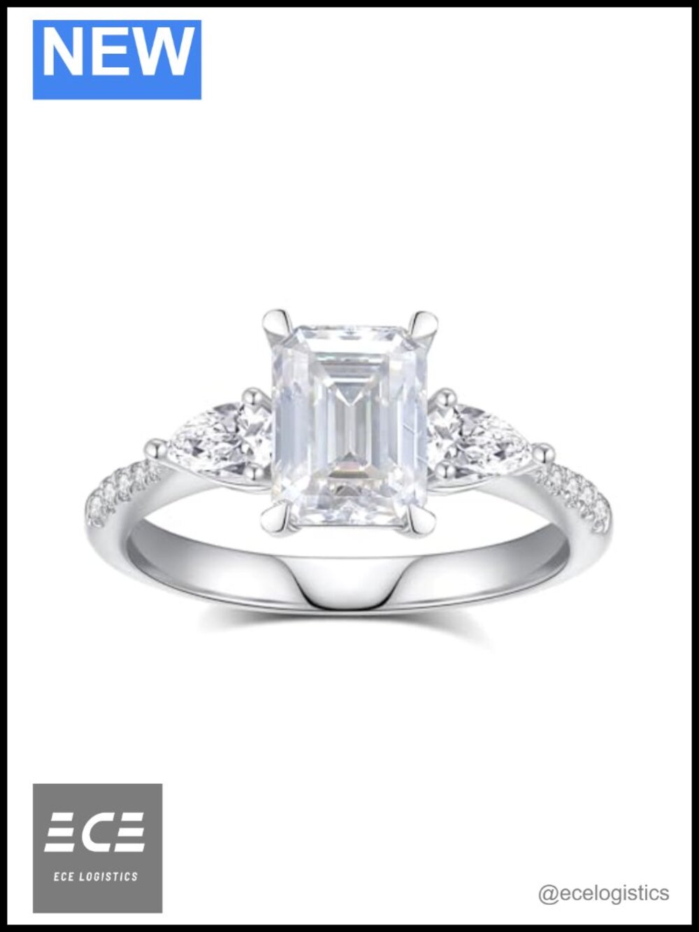 Emerald Cut Moissanite Engagement Ring 925 Sterling Silver 18K White Gold Plated